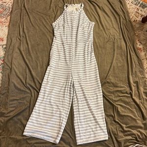 Grey & White striped jumpsuit w/pockets